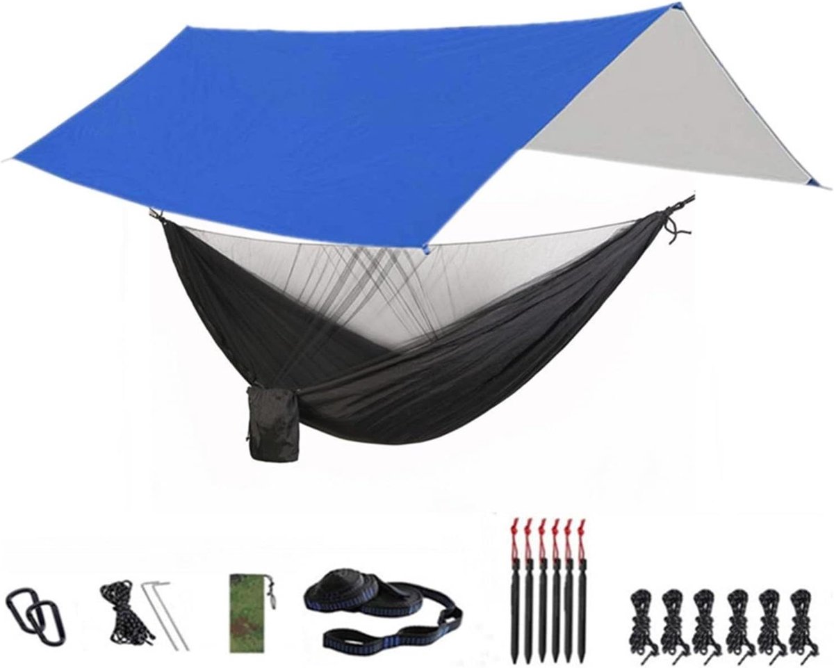 Hangmat met Net - Kampeerhangmat Schommelstoel - Ontspannen Buiten - Inclusief Insectennet - 118 x 118 Inch - Blauw Zwart