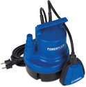 Blauwe Powerplus dompelpomp met zwarte basis, kabel en vlotterschakelaar.