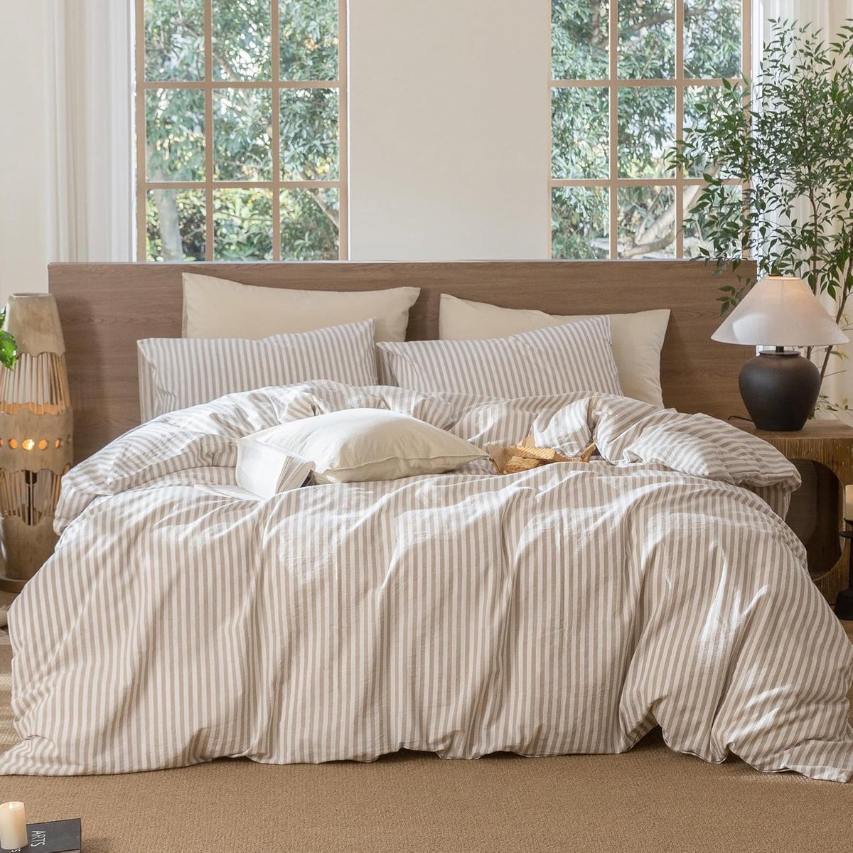 SnelShoppen - Beddengoedset 200x220 Katoen Gestreept Beige Wit - 100% Renforcé Katoen - Allergievriendelijk Öko-Tex - Inclusief Dekbedovertrek en 2 Ku
