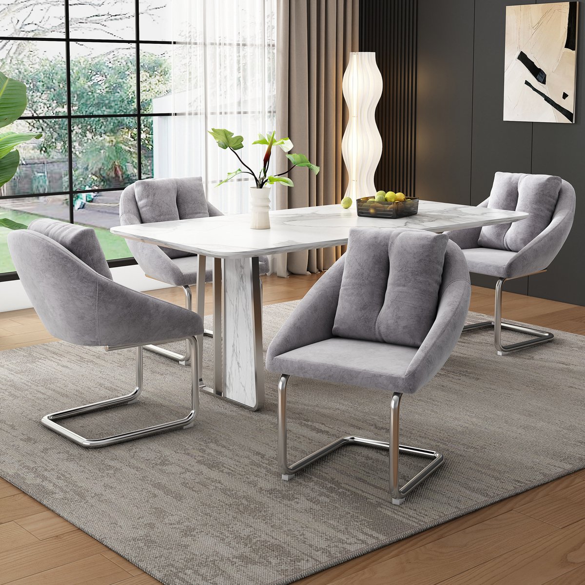 COVREO Eetkamerstoel 59 x 65 x 82 cm - grijs velvet, armleuningen, set van 4