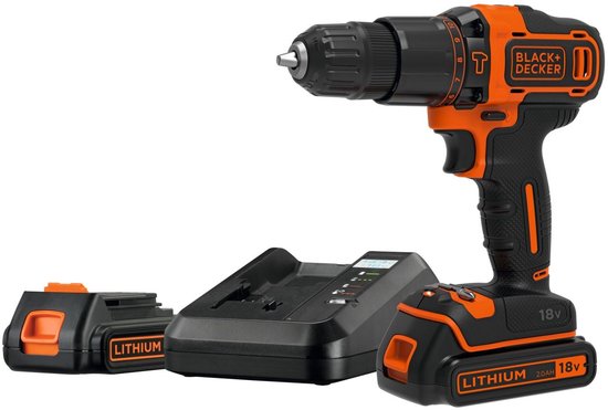Boor-schroefmachine 18V BLACK+DECKER BDCHD18K1B2 met hamerfunctie, 2x 2.0Ah accu, snelspan boorkop, 11 koppelstanden