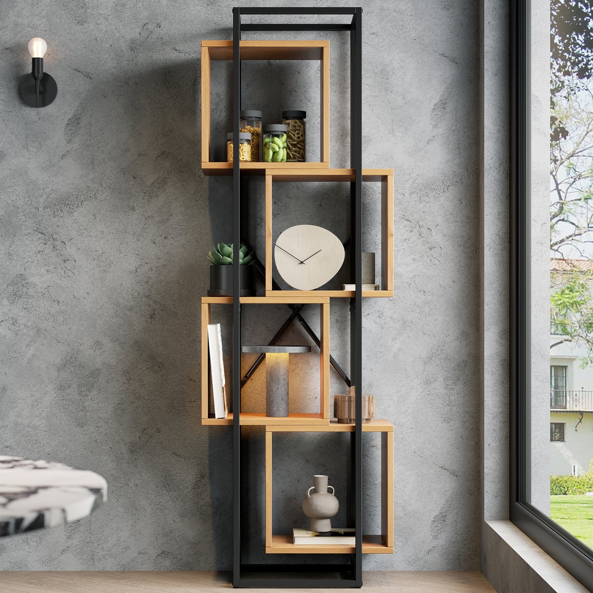 FloraGrace Open Kast – 4 Vakken – Compacte Stellingkast – MDF En Metalen Frame – Zwart Bruin – Voor Boeken En Decoratie