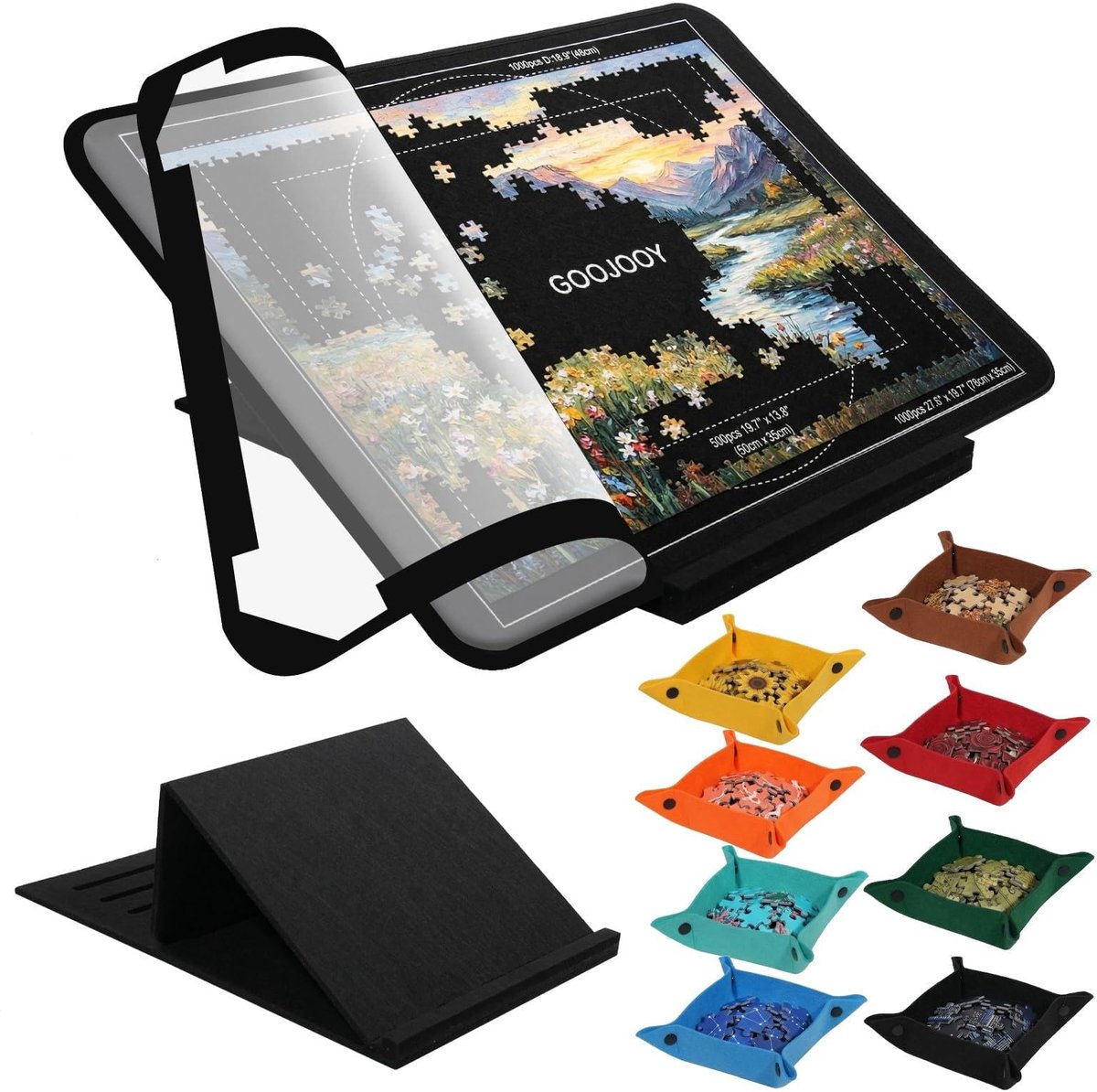 SnelShoppen - Puzzelplank 1000 stukjes met 5-traps verstelbare standaard (33°, 31°, 28°, 23°, 17°) - Vilt puzzeltafel met 8 sorteerders, antislip, lic