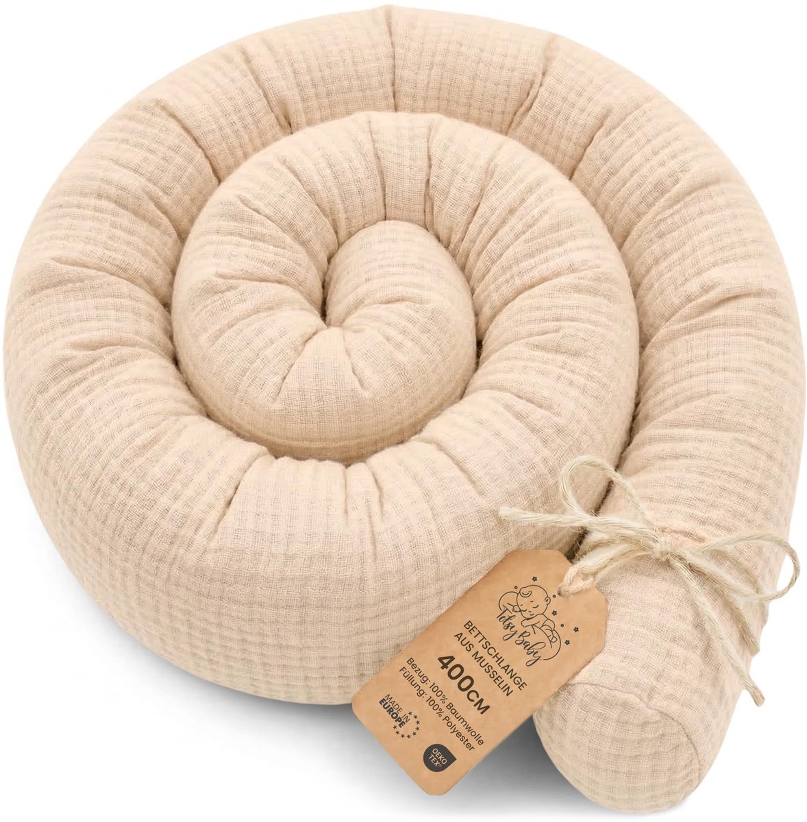 SnelShoppen - Zijslaper Kussen Lichaamskussen 150 cm Mousseline - Lang Bedrol Kussen voor Nek en Decoratie Kinderen Lichtbeige Oeko-Tex