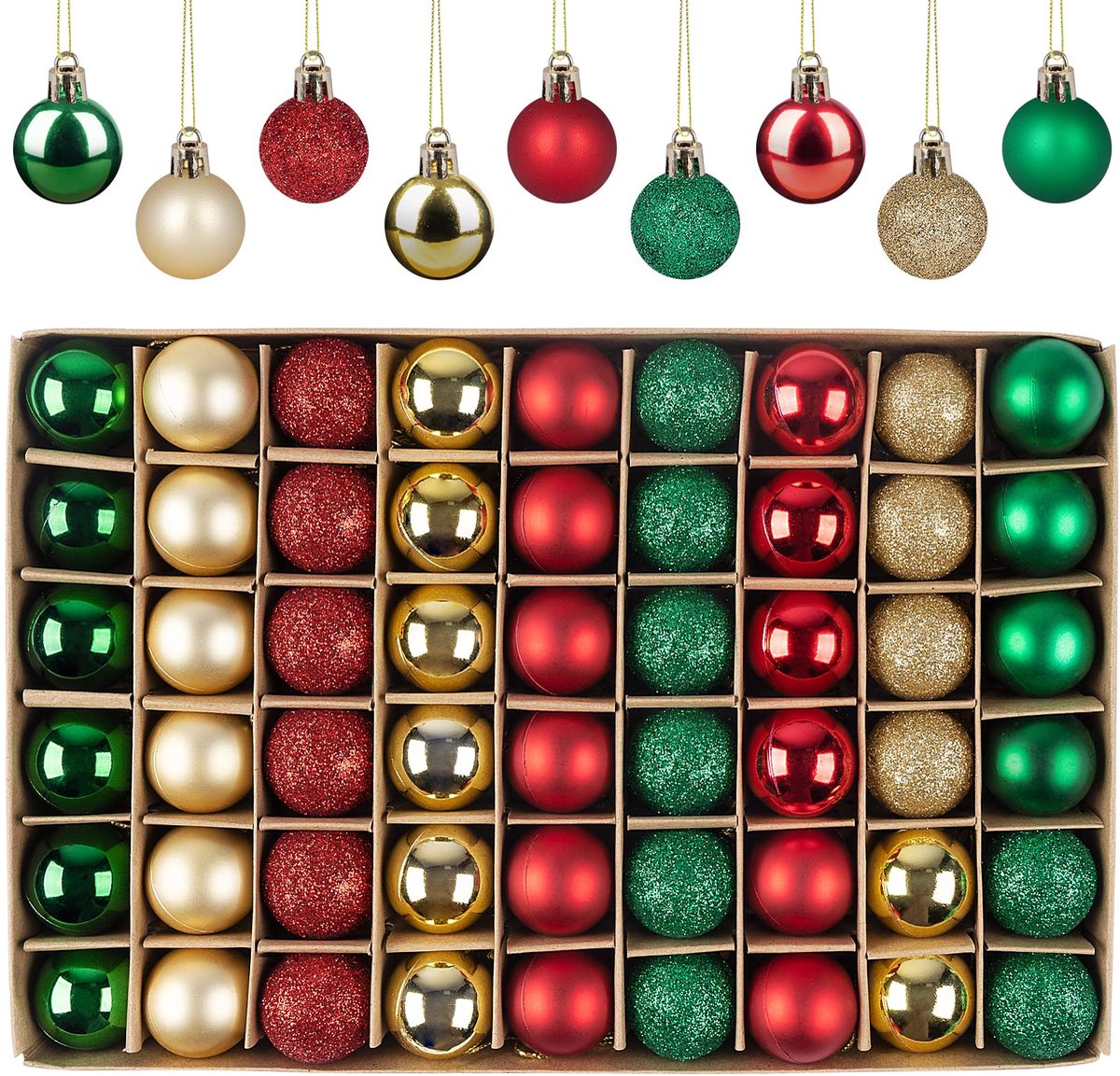 SnelShoppen - 54 stuks mini kerstballen onbreekbaar 30 mm met touwtjes - Rood, Groen, Goud - Kerstboomdecoraties voor Feestdagen, Kerst, Huis, Tuin