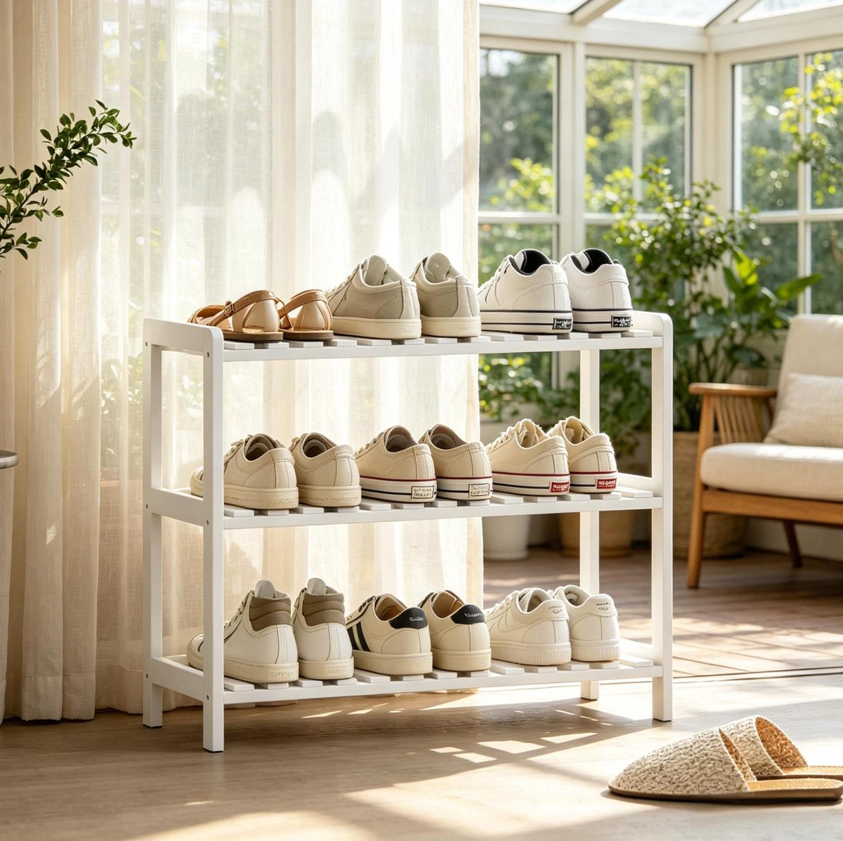 HAUSS SPOLE Schoenenkast - 70 x 26 x 57,5 cm - 3-Laags Staand Rek - MDF En Hout - Wit - Voor Hal Of Woonruimte - Verhoogde Basis