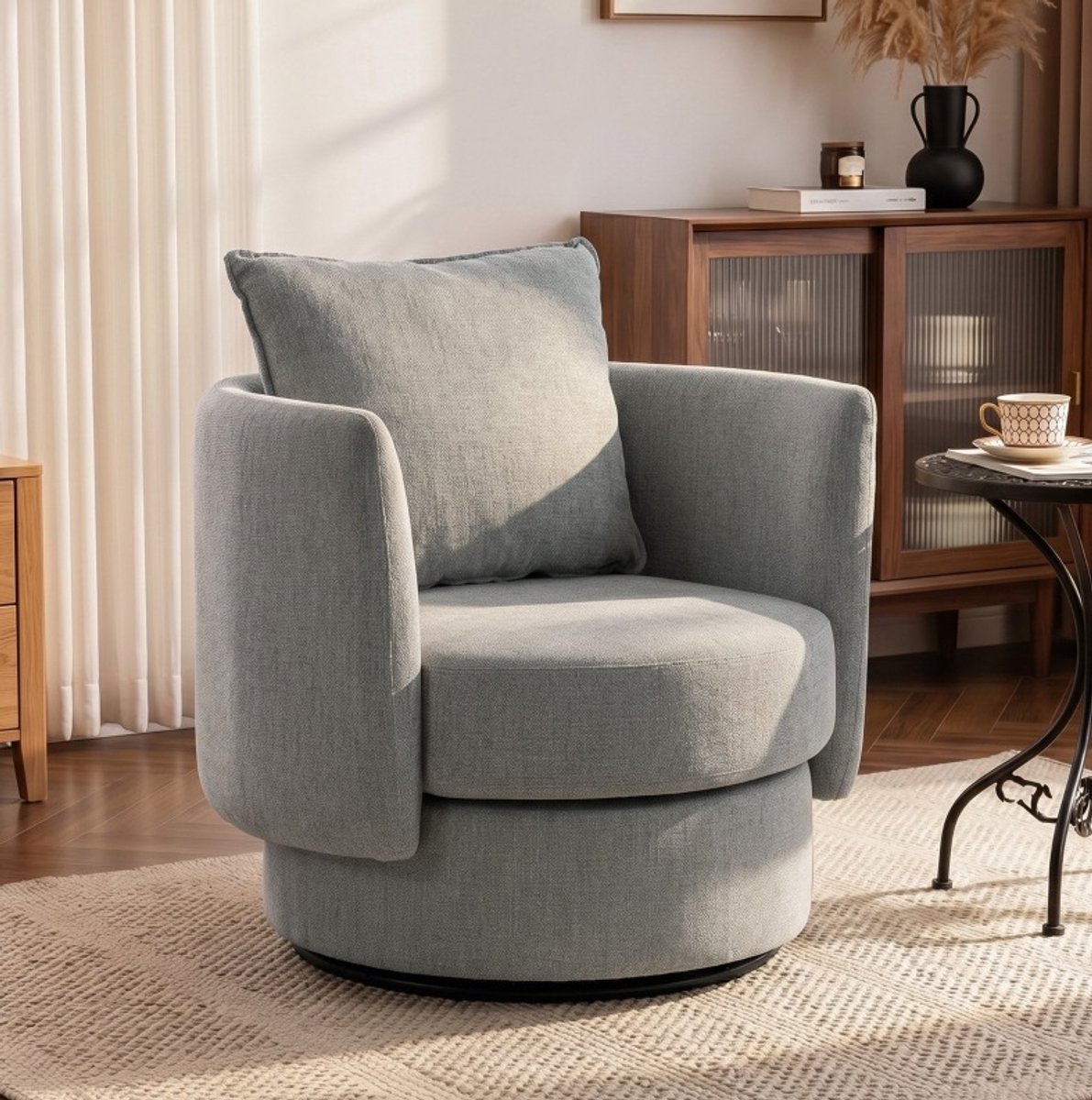 OKWISH Fauteuil - 360 Graden Draaibare Relaxstoel Met Armleuningen En Kussen - Voor Woonkamer En Slaapkamer - Stof - Lichtgrijs