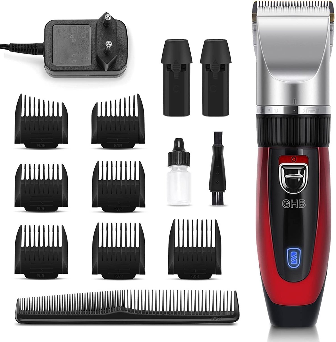 SnelShoppen - GHB Accu Tondeuse Heren, Draadloze Tondeuse met 2 Lithium-Batterijen, 14-Delige Set voor Mannen en Kinderen, Thuisgebruik en Salon, Prof