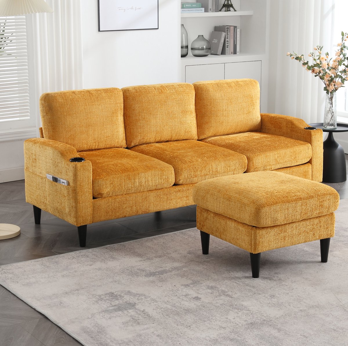 COVREO Bank 196,5 x 75 x 77 cm - geel chenille, met hocker, opbergruimte en bekerhouders