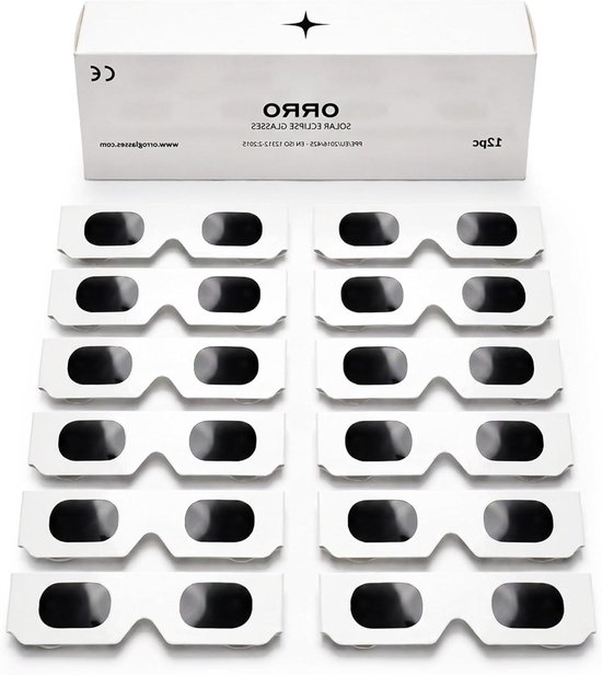 Emballage contenant 12 paires de lunettes d'éclipse blanches. Marquages CE et ISO visibles.