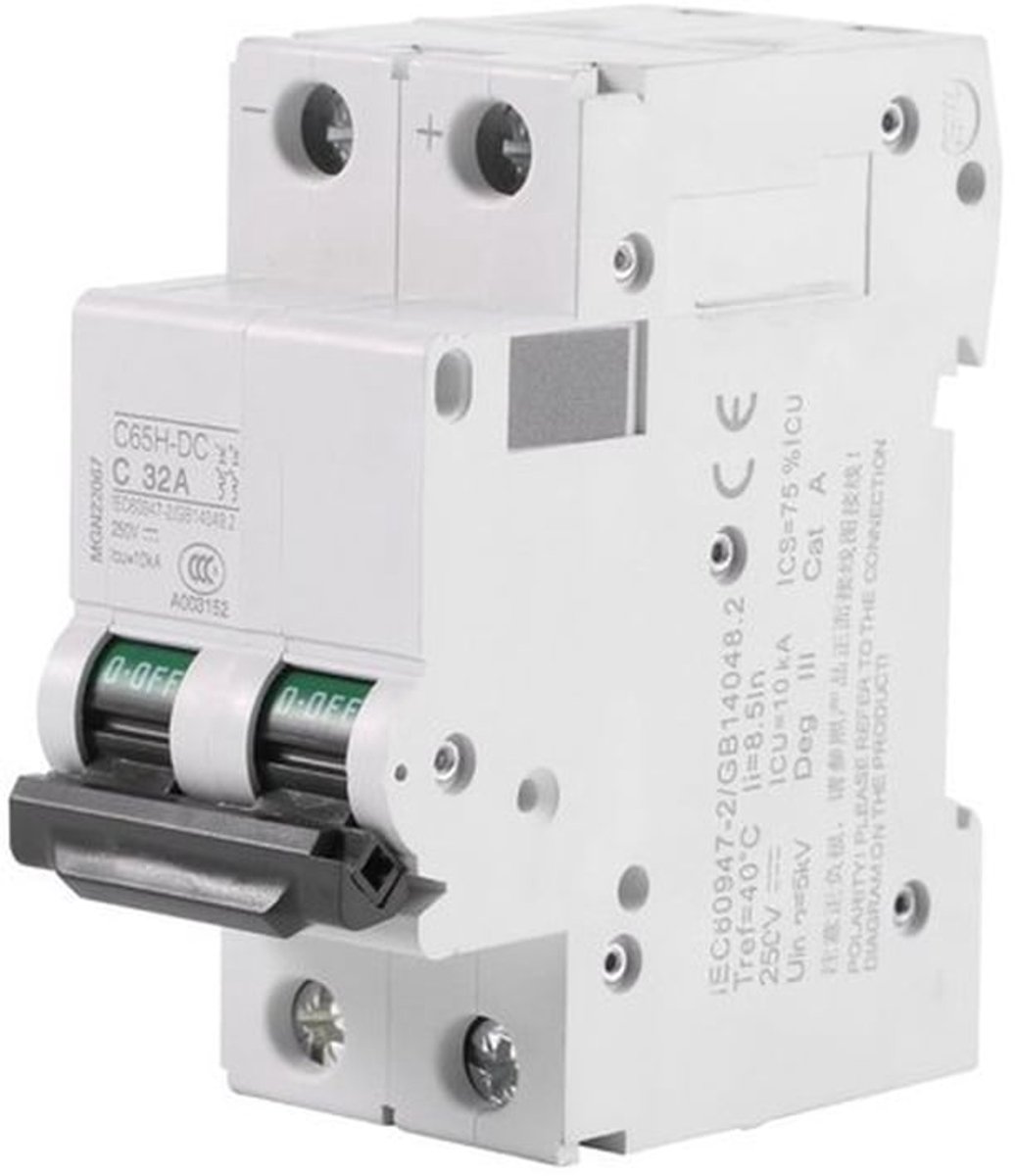 Miniatuur lijnbeveiligingsschakelaar - 250 V - Betrouwbaar en veilig - 32 A - DC-circuitonderbreker - Ideaal voor zonne-energiesystemen - 2-polig