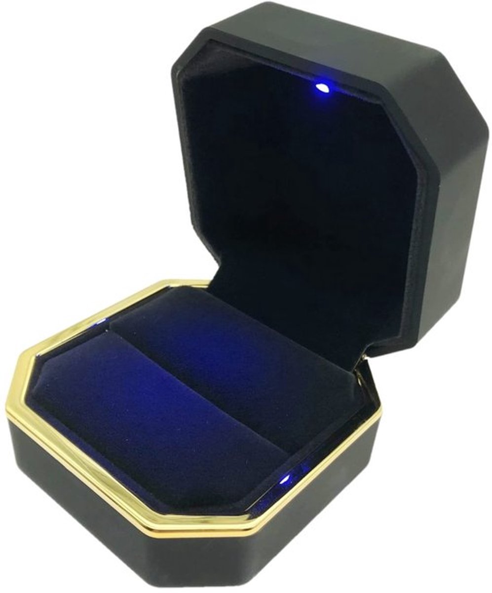 - Fluwelen ringendoos - LED-licht - Compact formaat - Trouwringhouder - Juwelen display - Perfect voor aanzoek - Zwart