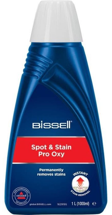 Donkerblauwe fles van BISSELL Spot & Stain Pro Oxy, 1L, met rood label dat 'Permanently removes stains' aangeeft.