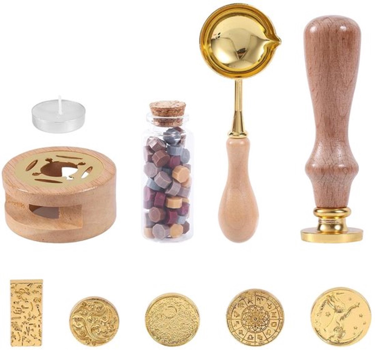Wax Stamp Set Met Houten Handvat - Seal Kit voor Kaarten, Enveloppen en Bruiloft Uitnodigingen - 6 Stuks
