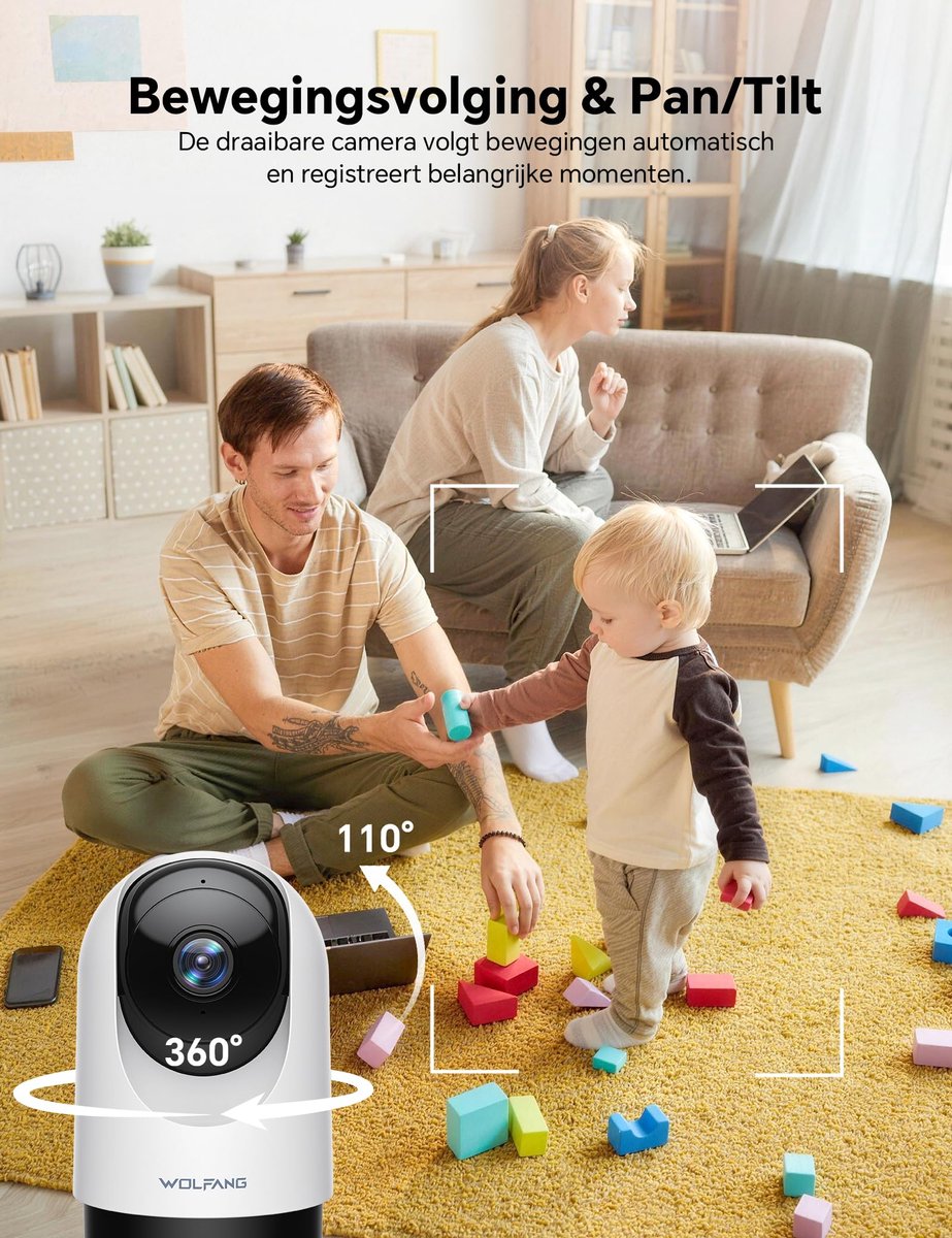 SnelShoppen - Beveiligingscamera Binnen Wifi 3 MP met Bewegingsdetectie, 360° Rotatie, Nachtzicht, 2-Weg Audio, Huisdier- en Babyfoon, 2 Stuks - Werkt