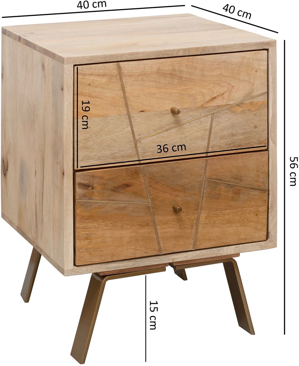 Ervesto Nachtkastje Sikar 40x56x40 Cm - Mangohout - Rustieke Bijzettafel - 2 Laden - Handgemaakt Design