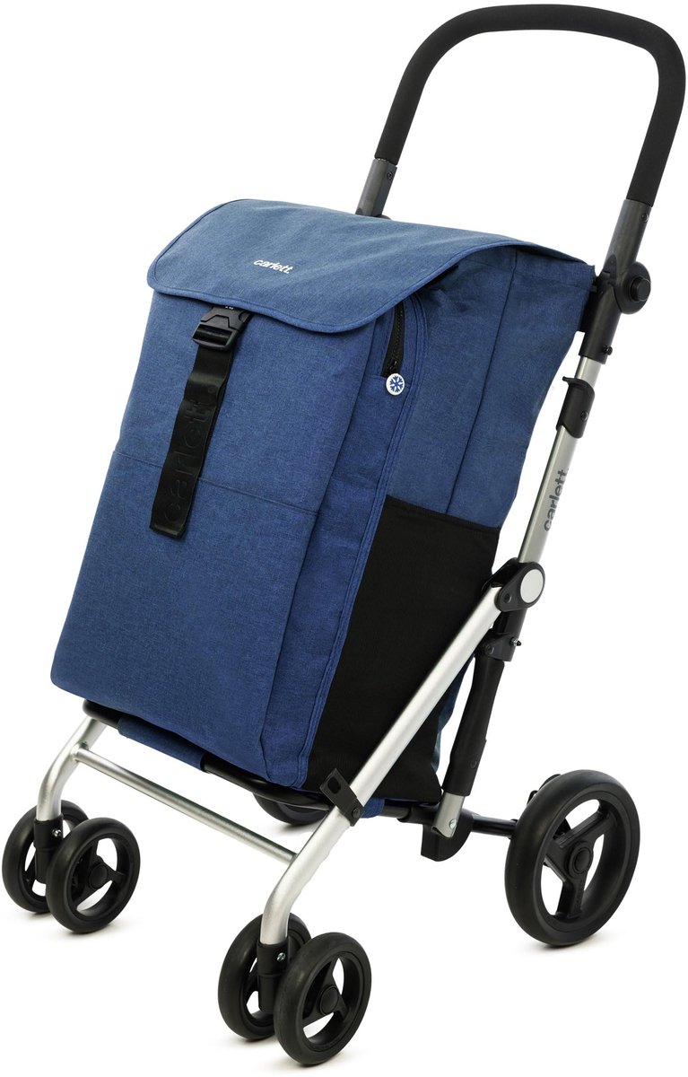 SnelShoppen - Opvouwbare winkelwagen met 4 wielen | Zware supermarktwagen met grote capaciteit van 64L | Denim met cadeauhaak voor boodschappen, campi