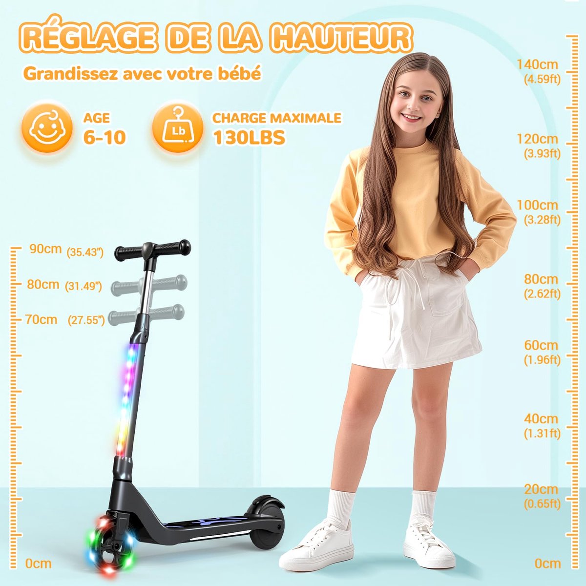 SnelShoppen - Elektrische step voor kinderen 6-10 jaar, verstelbaar, 5,3 inch, kleurrijk LED-licht, max. belasting 70 kg, ideaal voor buiten, speelple