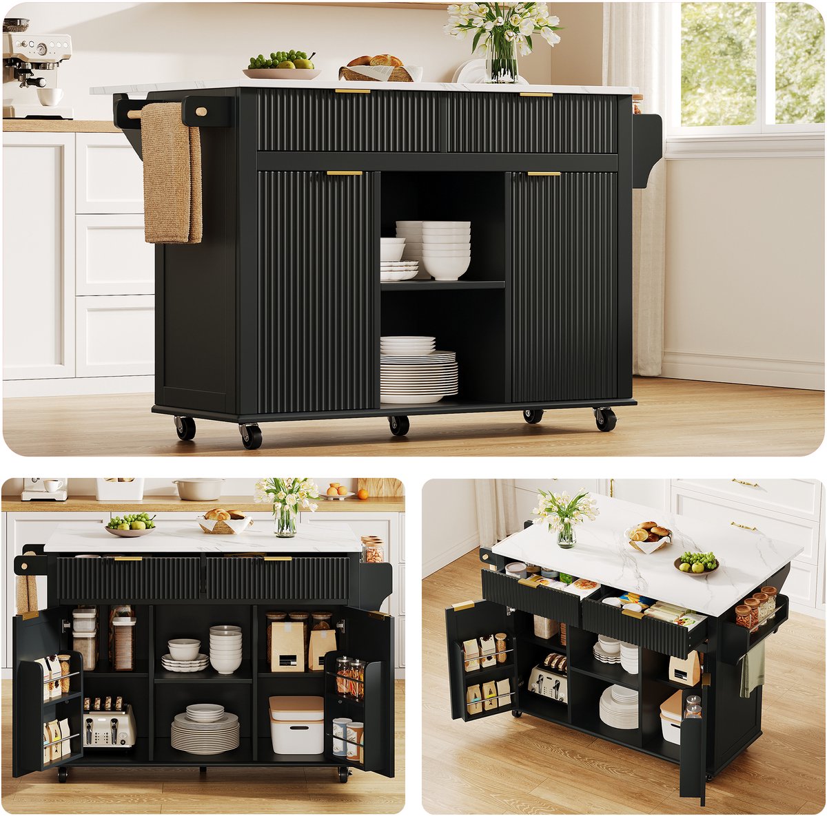 REDOM - Keukeneiland op Rollen - Klapbaar Werkblad - 2 Laden en 2 Deuren - Kruidenrek en Handdoekhouder - Keuken - MDF - Zwart en Naturel - 143 x 45 x 89,5 cm