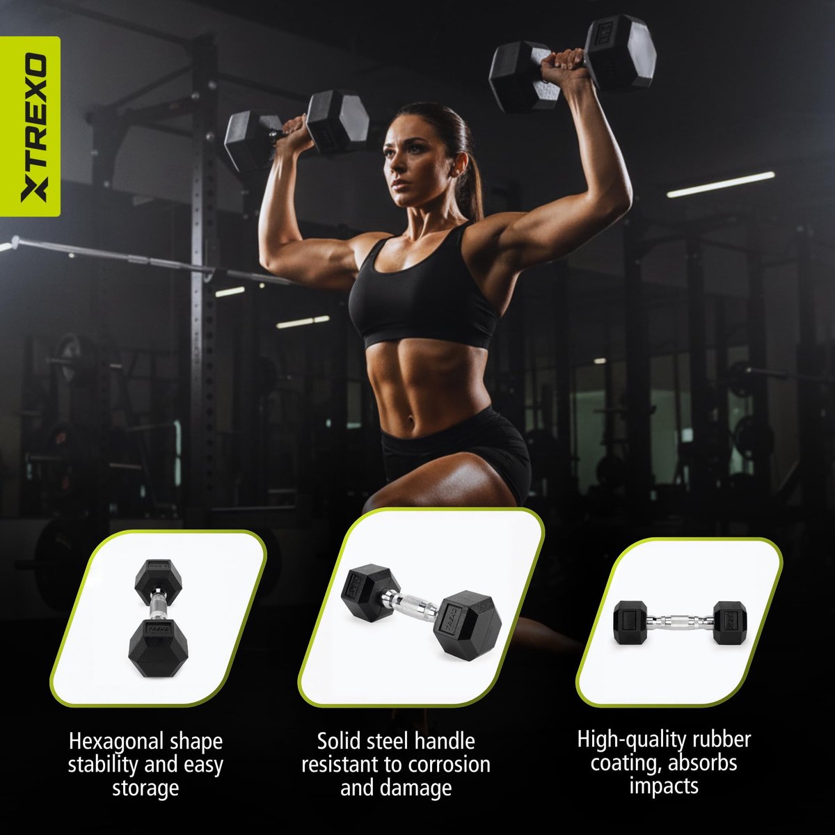 SnelShoppen - TREXO Hex HXD25 Halter 2,5 kg - Duurzaam Rubber Hexagon Krachttraining Thuis - Ergonomische Handgreep - Stabiele en Veelzijdige Halter
