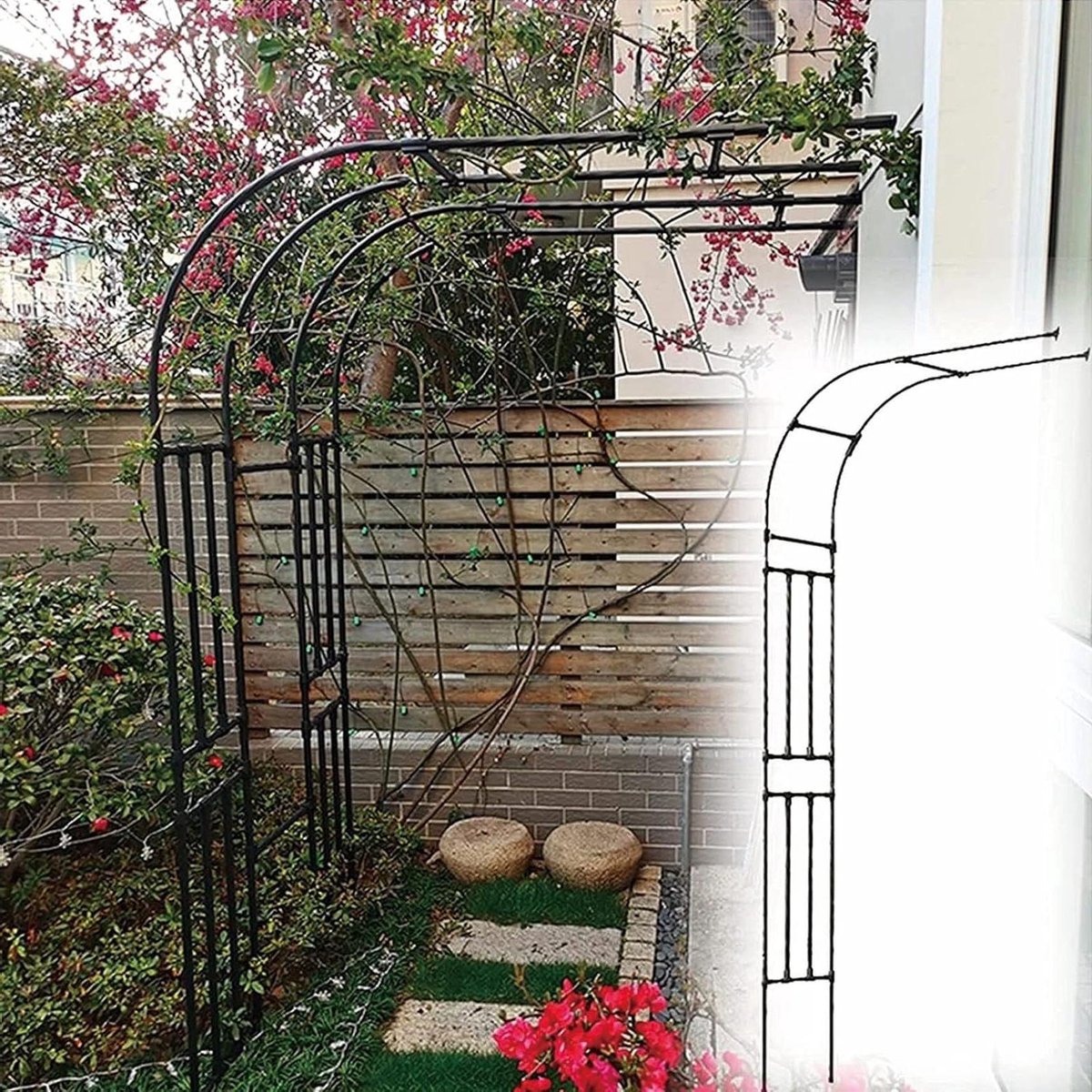 Tuinboog Halve Boog - Rozenboog Pergola - Klimplanten Ondersteunen - Met Muurbevestiging - 220 x 240 cm - Zwart
