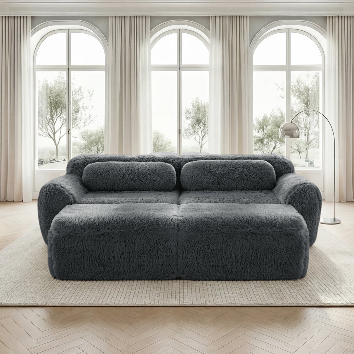 COVREO Slaapbank 204 x 179 x 73 cm - grijs pluche, modulair, 2 ottomans