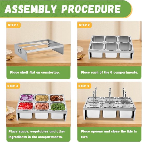 Pizza Topping Station - Toppings Organizer - Pizza Bereiden - Roestvrijstalen Containers - 6 Bakjes - Zilver — afbeelding 5
