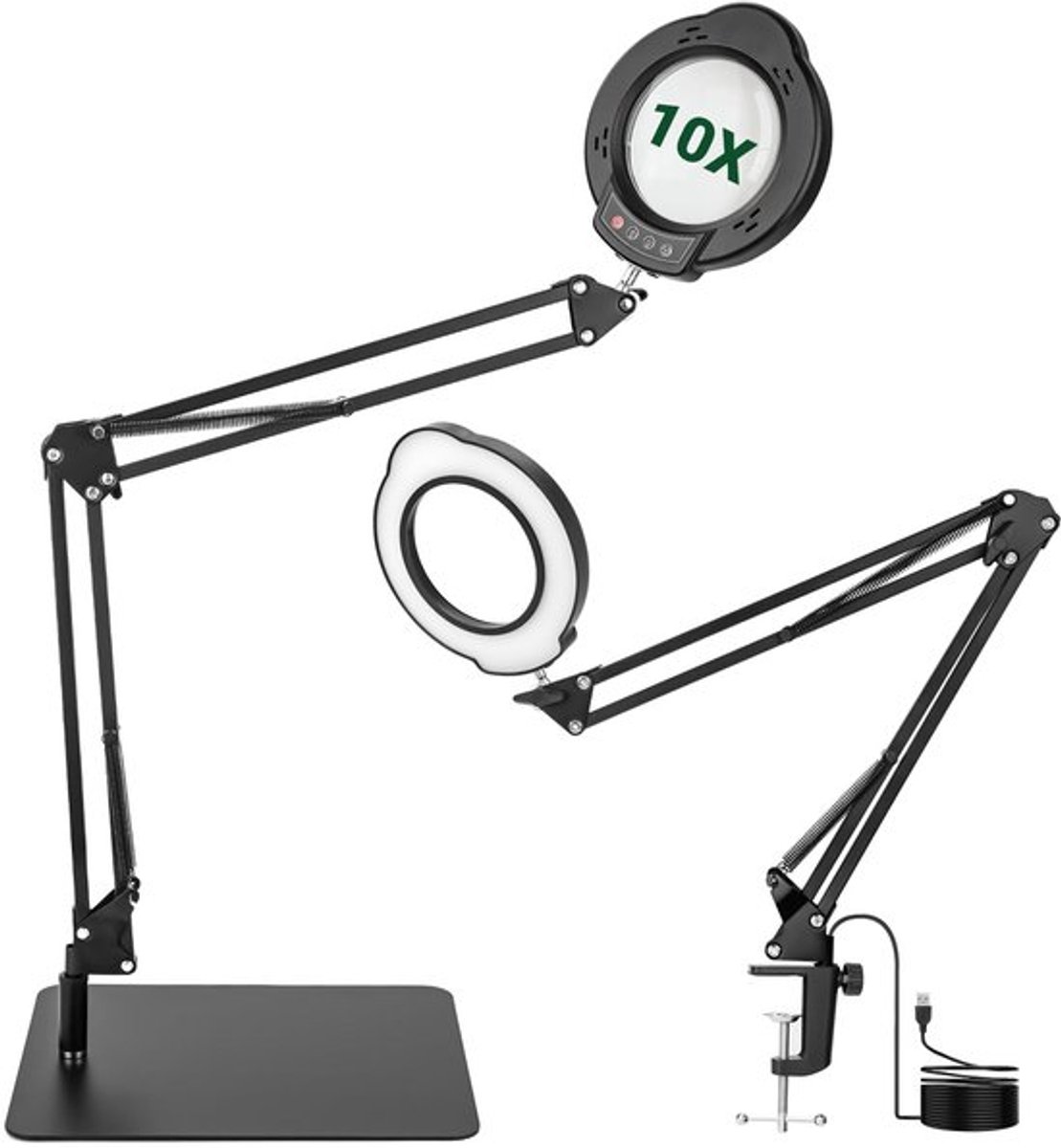 WISYOK Vergrootglas met licht en standaard, 10 x led-vergrootlamp met grote zwenkarm, 5 kleurmodi, 10 traploos dimbaar, 2-in-1 vergrootlamp met klem en basis, leesloep voor senioren, tafelloep