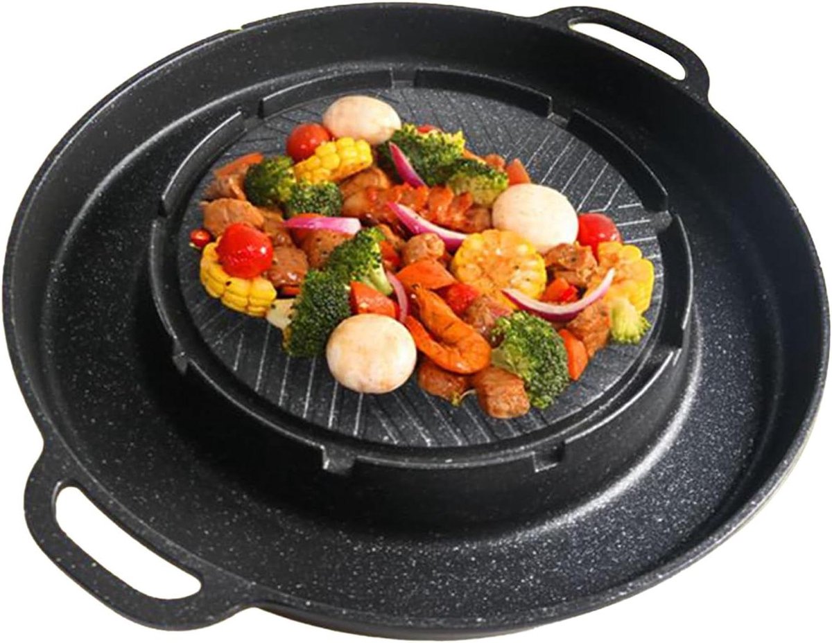 Grillpan Hotpot Dubbele Pan Binnen Grillen Snelle Warmtegeleiding 33.5x22x4cm Zwart