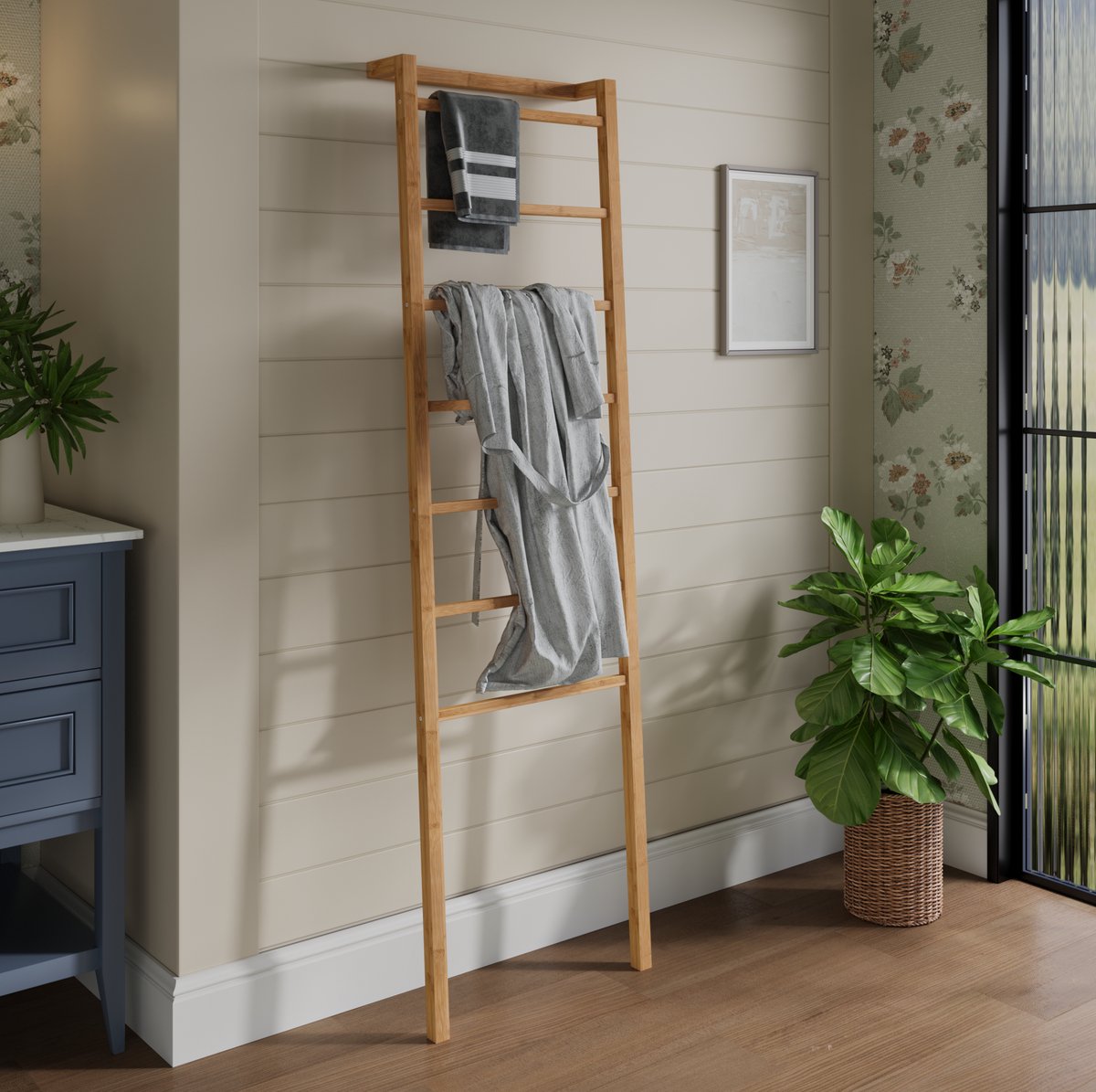 MIVRAY Kledingrek - Bamboe Handdoekladder Met 7 Sporten - 172,7 x 50 x 22,9 cm - Bamboe - Naturel - Voor Badkamer En Slaapkamer