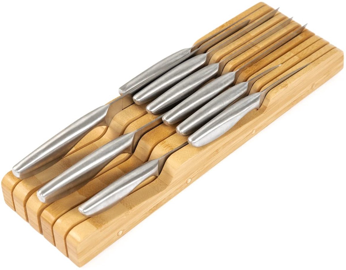 SnelShoppen - Bamboe Keukenmessenblok Houder Organizer voor 5 Lange + 6 Korte Messen, Duurzaam Bamboe, Rubberen Voetjes, Ideaal voor Keuken en Koken