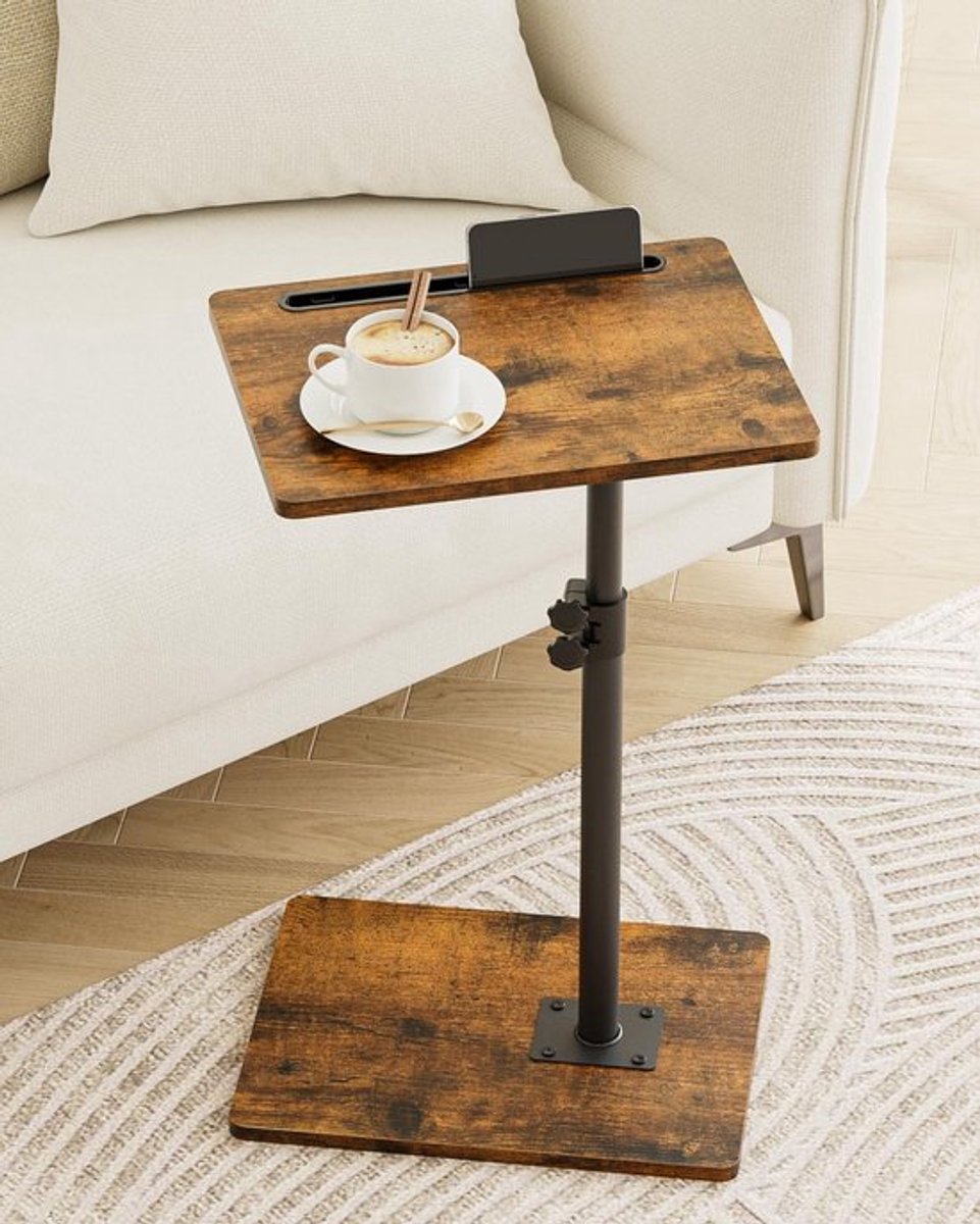 Bijzettafel C-vorm, 360 graden roterende salontafel klein, in hoogte verstelbaar banktafel, 40 x 30 x (45-81) cm, houten koffietafel, laptoptafel voor slaapkamer, woonkamer, kantoor (rustiek