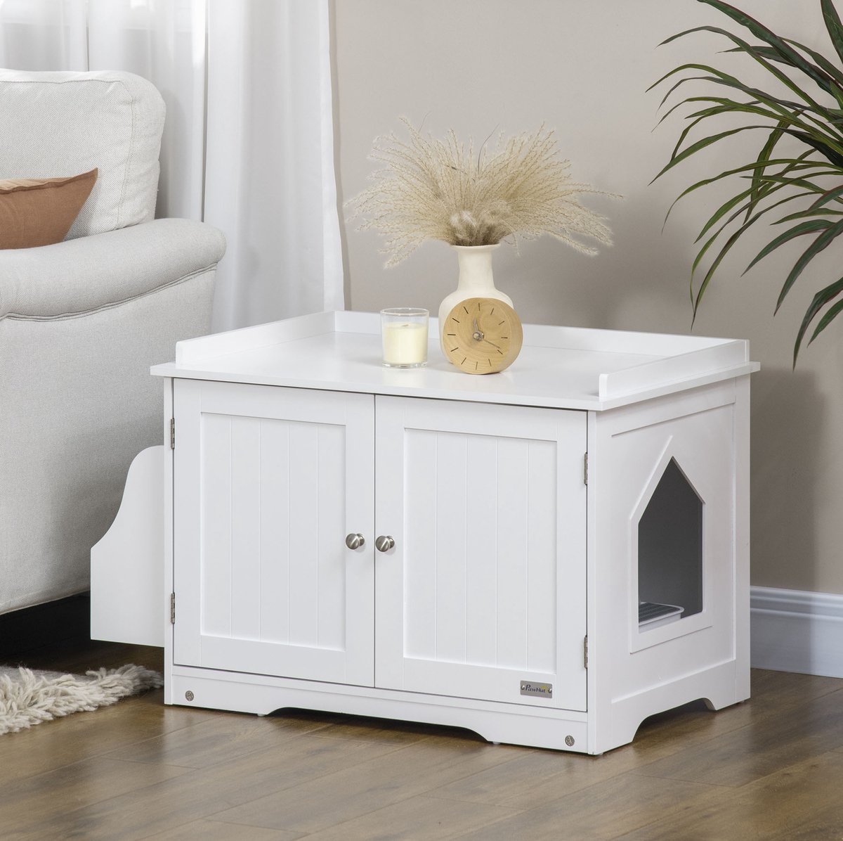 MIVRAY Kattenbakcontainer – Verstelbare Scheidingswand En Magnetische Dubbeldeuren – 86 X 48 X 52 Cm – MDF – Wit – Verborgen Kattenbak En Bijzettafel