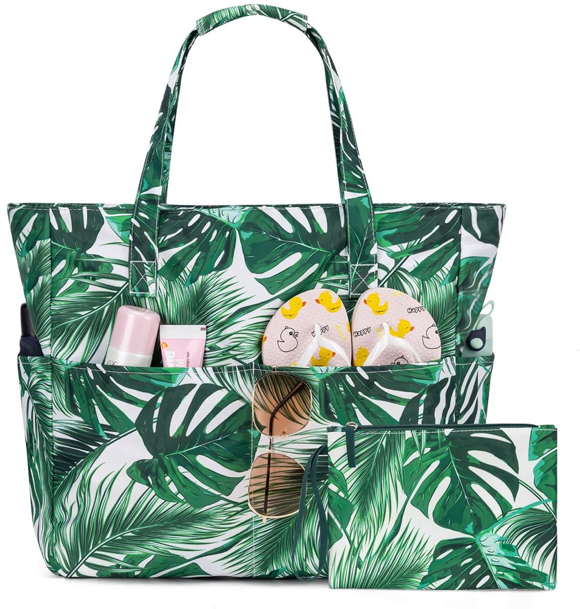 SnelShoppen - KABAQOO Strandtas XXL met Ritssluiting & Natvak - Grote Badtas voor Dames - Familie Zwemtas - Shopper met Vakken - Palmprint - Ruime Dra