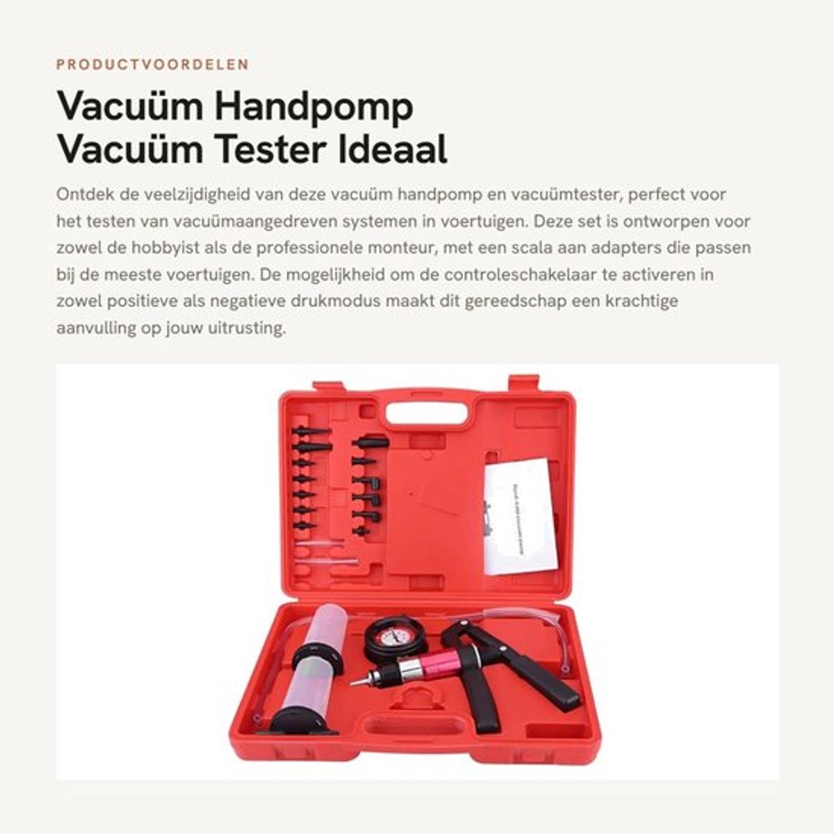 Vacuüm Handpomp - Vacuüm Tester - Ideaal voor Remontluchting - Standaard - Druktester - Geschikt voor Meeste Voertuigen - Inclusief Adapters