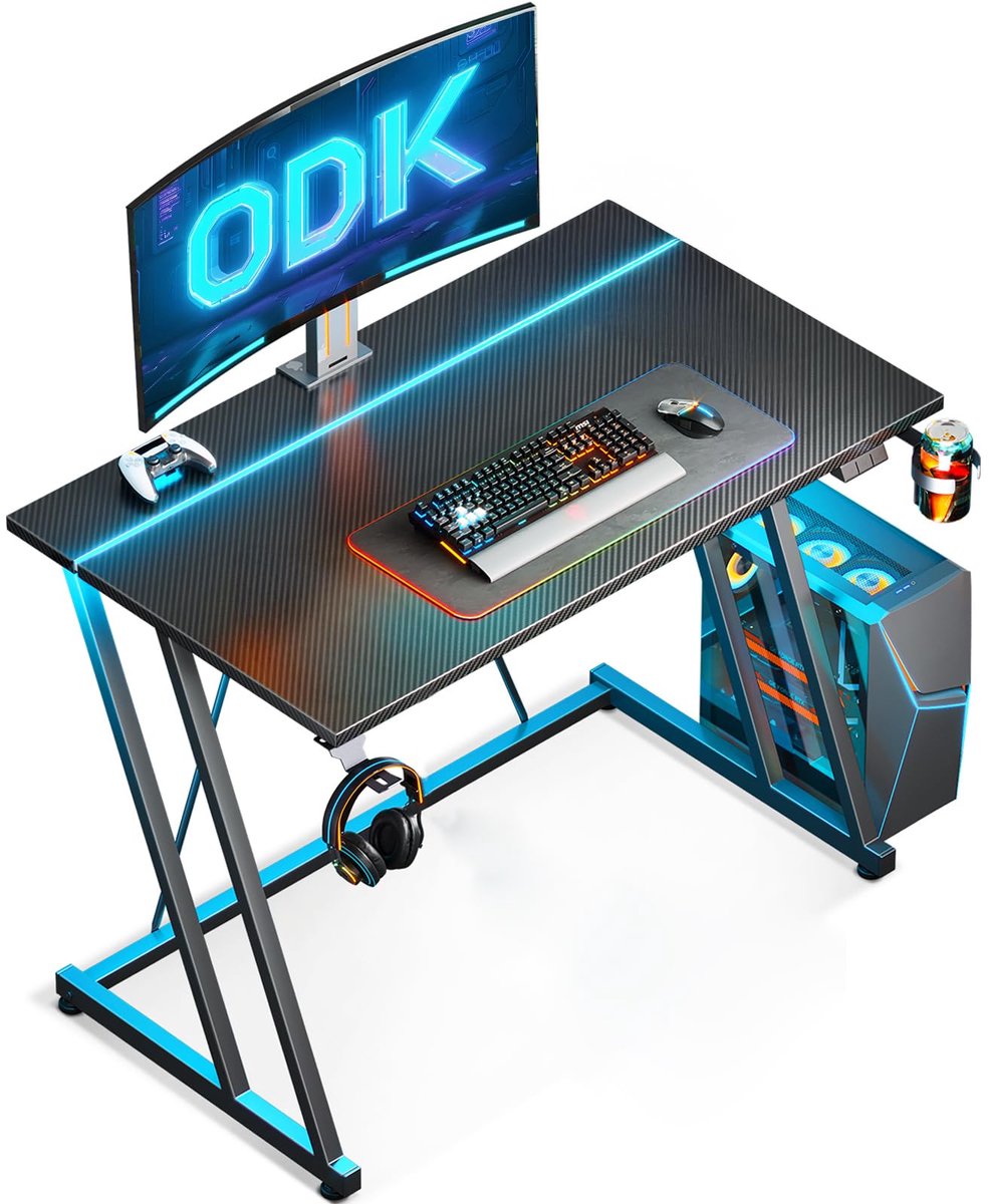SnelShoppen - ODK Gaming Bureau LED 80 x 50 cm met Bekerhouder en Hoofdtelefoonhaak, Zwart Carbonvezel Dubbel-Z Design Computer Bureau voor Gaming en