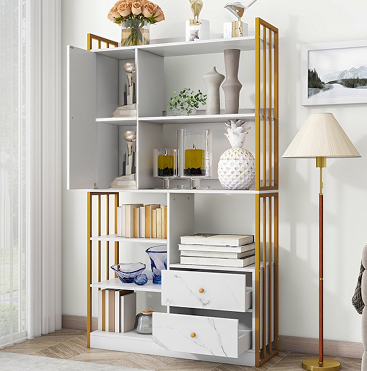FloraGrace Boekenkast - 6 Vakken Met Deuren En Lades - 100 X 30 X 173,5 Cm - Spaanplaat En Metaal - Wit Goud - Industriele Opbergkast Voor Woonkamer En Werkkamer
