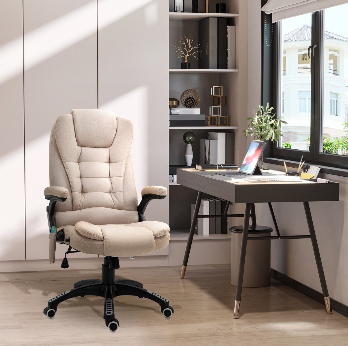 OKWISH Bureaustoel 68 Cm - Ergonomische Massagestoel Met Warmte En Ligfunctie - Voor Comfortabel Werken En Ontspannen - Polyester - Bruin