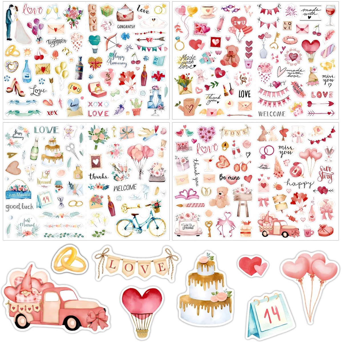 Dailygoods- Bruiloftsstickers 220 Stuks - Romantische Hartvormige Stickers - Waterdichte Stickers - Scrapbooking - Plakboek - Hoogwaardig PP-Materiaal - Liefdesstickers