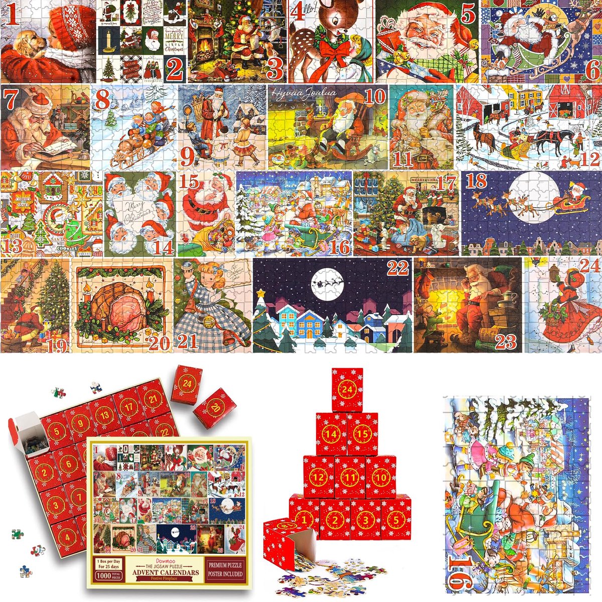 Dailygoods - Adventskalender 2024 Puzzel - 1000 Stukken Vintage Kerstthema