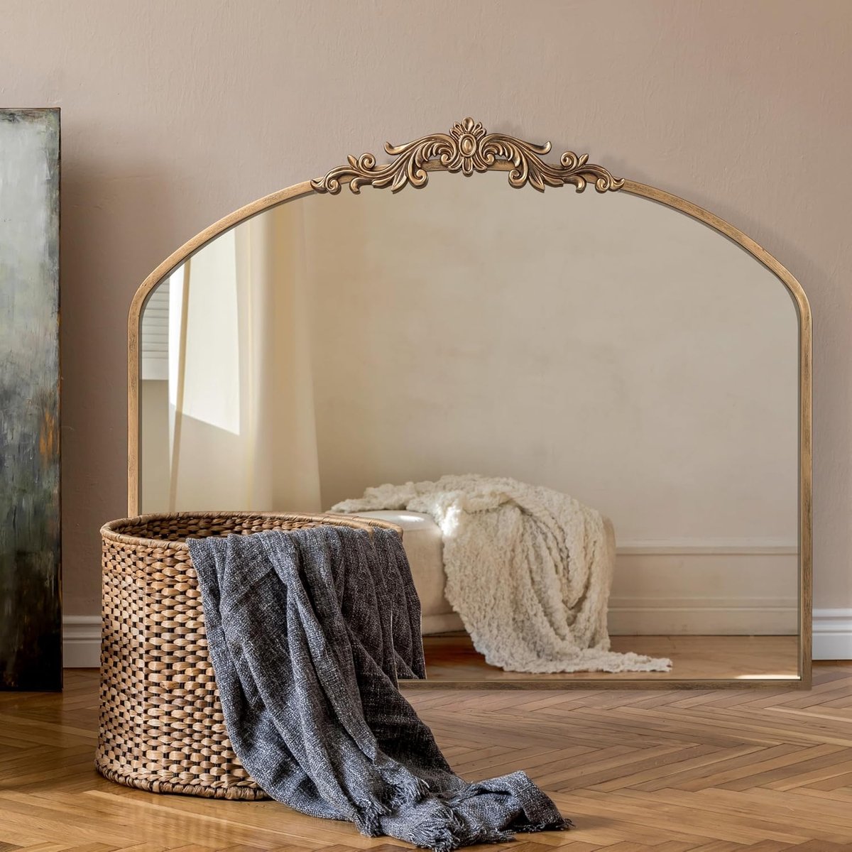 SnelShoppen - Gouden Vintage Spiegel 91 x 76 cm - Gewelfde Antieke Barokke Muurdecoratie - Messing Traditioneel - Sierlijke Spiegel voor Badkamer, Woo