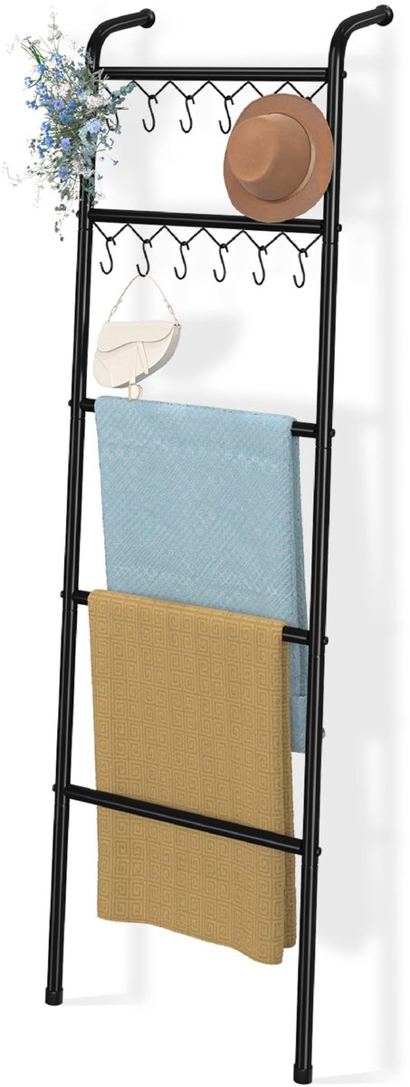 SnelShoppen - Simple Trending Handdoekenladder 200 cm - Metaal Handdoekenrek met 5 Niveaus en 12 Haken - Zwart Decoratief Ladderrek voor Badkamer, Woo