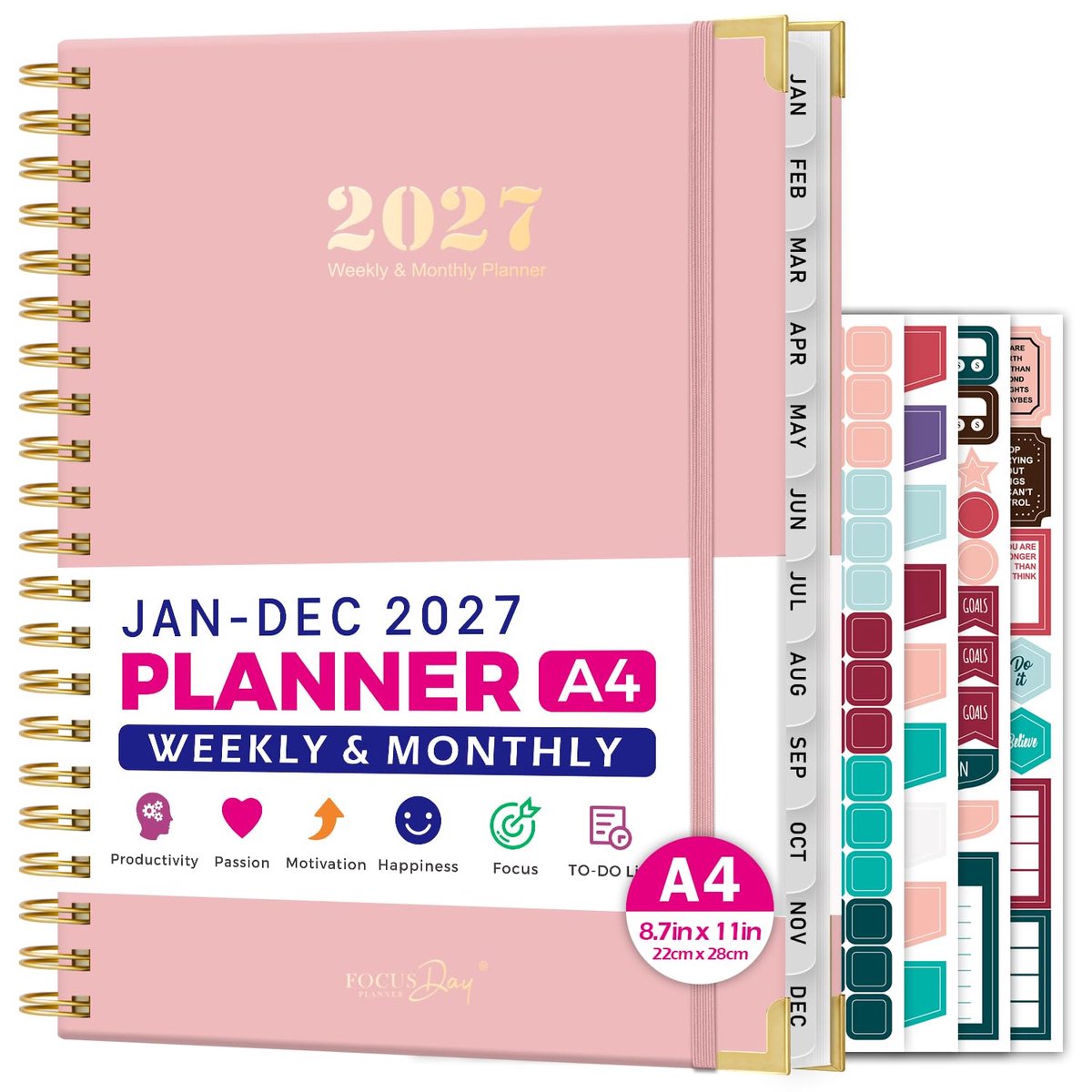 SnelShoppen - Agenda 2027 A4 Weekoverzicht Kalenderplanner met Maandtabbladen, 4 Planningsstickers, Groot Afsprakenboek voor Leraren en Studenten, 22