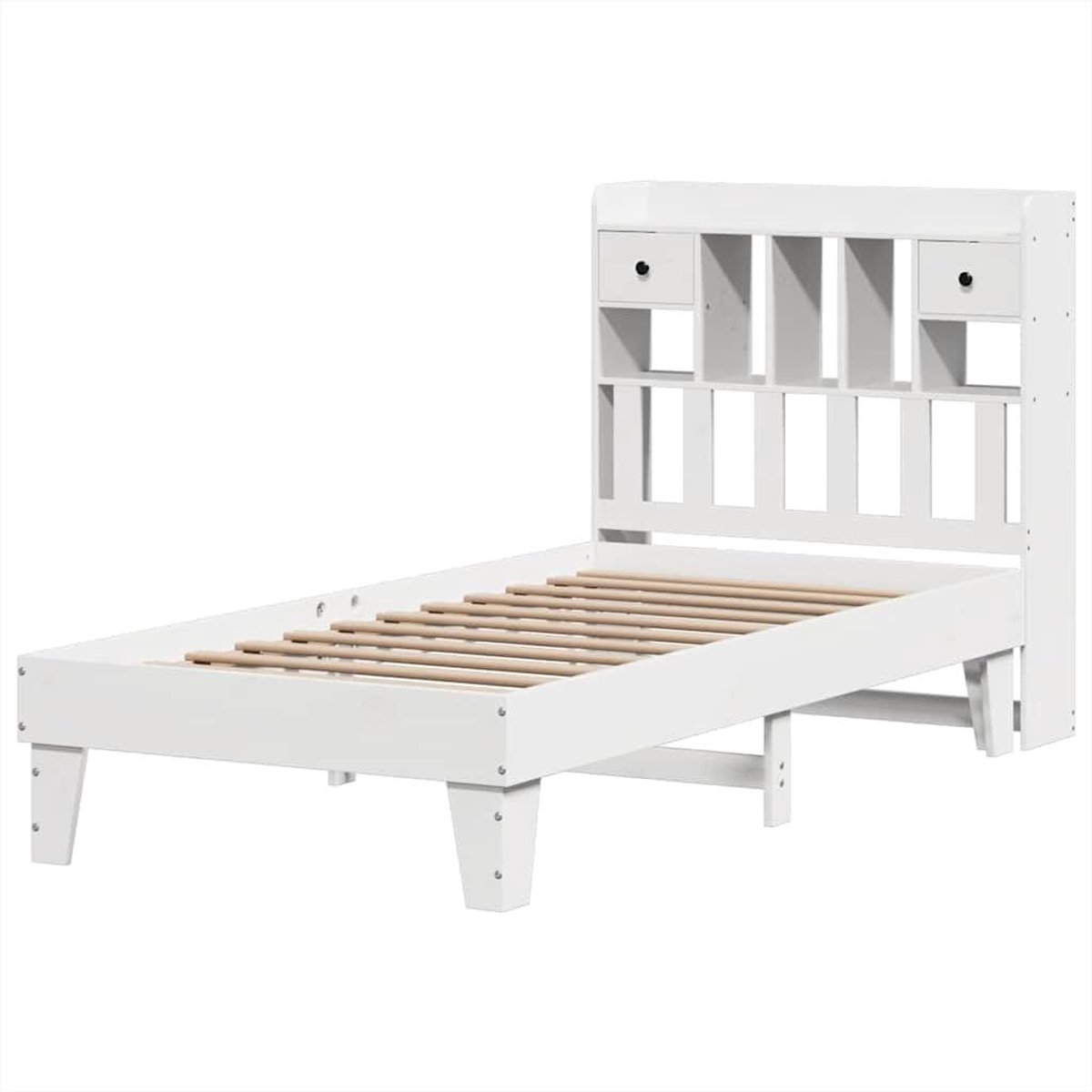 Bedframe Grenenhout - Eenpersoonsbed Omouw - Slaapkamer Inrichting - Met Opbergvakken - 90x190 cm - Wit