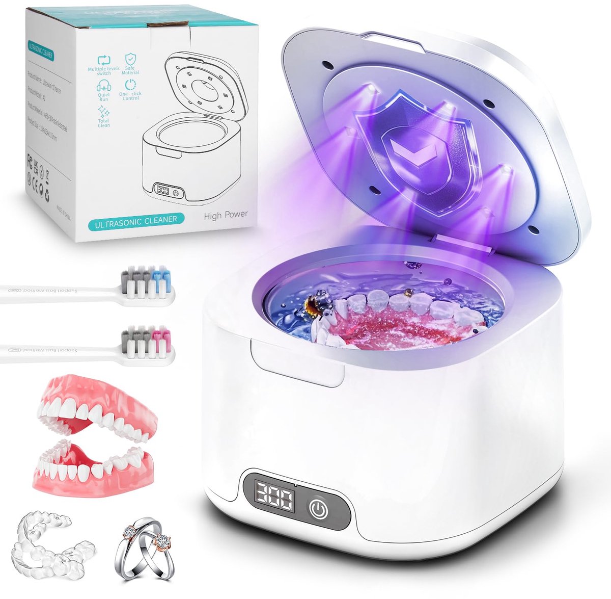 SnelShoppen - Unieke Ultrasone Reiniger 49000Hz UV voor Gebitsbeugels, Retainers, Aligners, Tandenborstelkoppen en Sieraden - 340 ml met Digitale Time