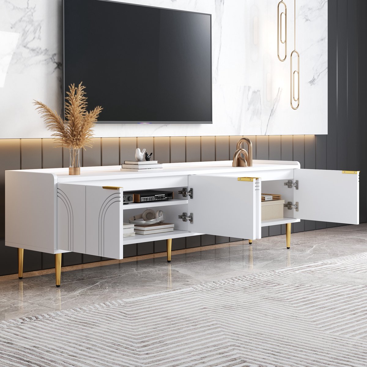 Tv-meubel - lage kast met gestructureerde deuren - gouden handgrepen en gouden poten - 170 x 35 x 47,5 cm - wit