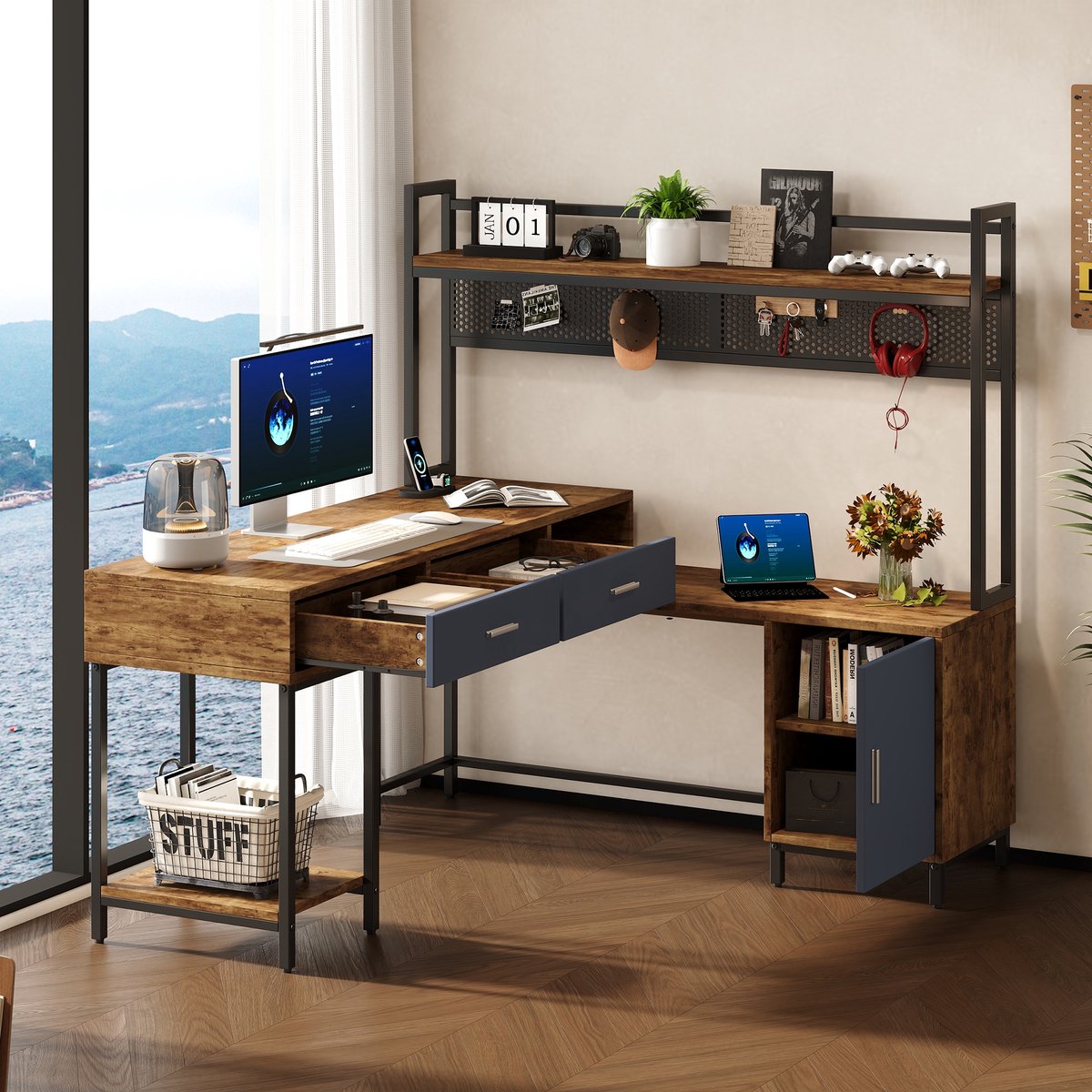Sweiko Hoekbureau - Industriële stijl - Metalen frame - met 2 lades - Opbergrek - 140 x 140 x 135 cm - Zwart + Naturel