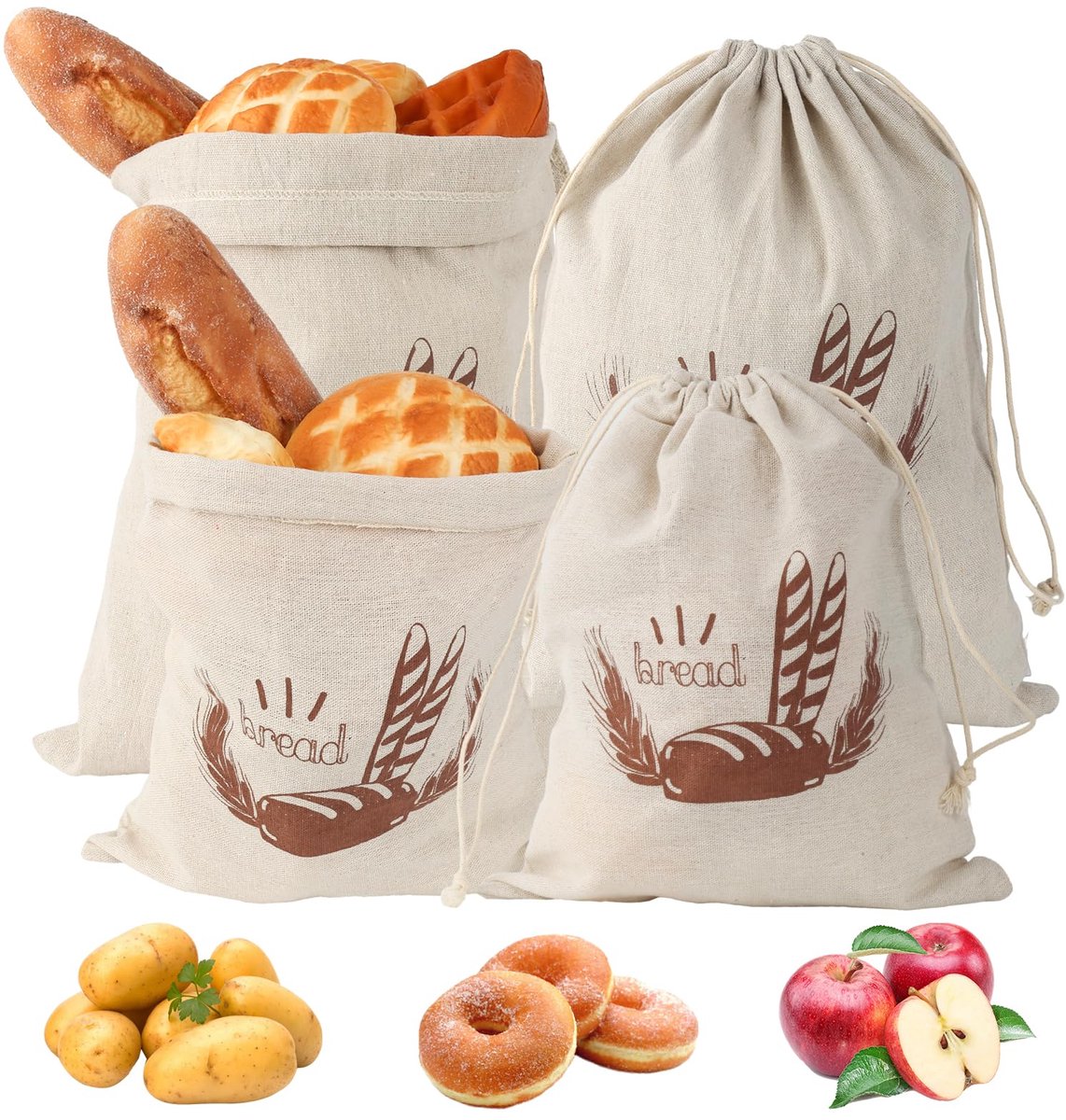 Dailygoods- Broodzakken Herbruikbaar - Linnen 4 Stuks - Trekkoord - 25 x 30 cm / 30 x 38 cm - Milieuvriendelijk - Bewaart Versheid - Broodtas