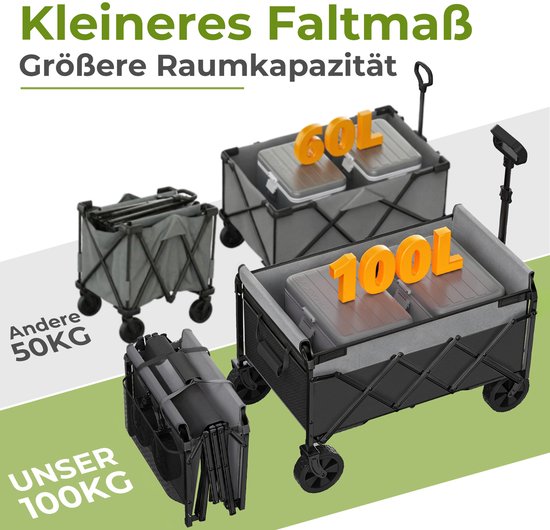 FloraGrace Tuinkar - Opvouwbaar 100 Liter 100 kg - 74 x 46 x 96,5 cm - Staal en 600D Oxford - Zwart - Voor Boodschappen En Camping — afbeelding 2