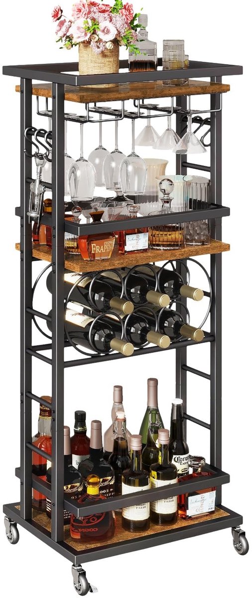 Dailygoods - 4-laags wijnrek met wielen - Multifunctioneel bar trolley